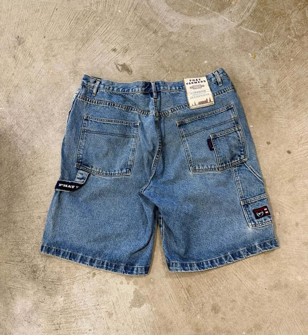 Vintage Phat Farm Denim Carpenter Shorts Size 38 Blue Baggy Y2K Skater